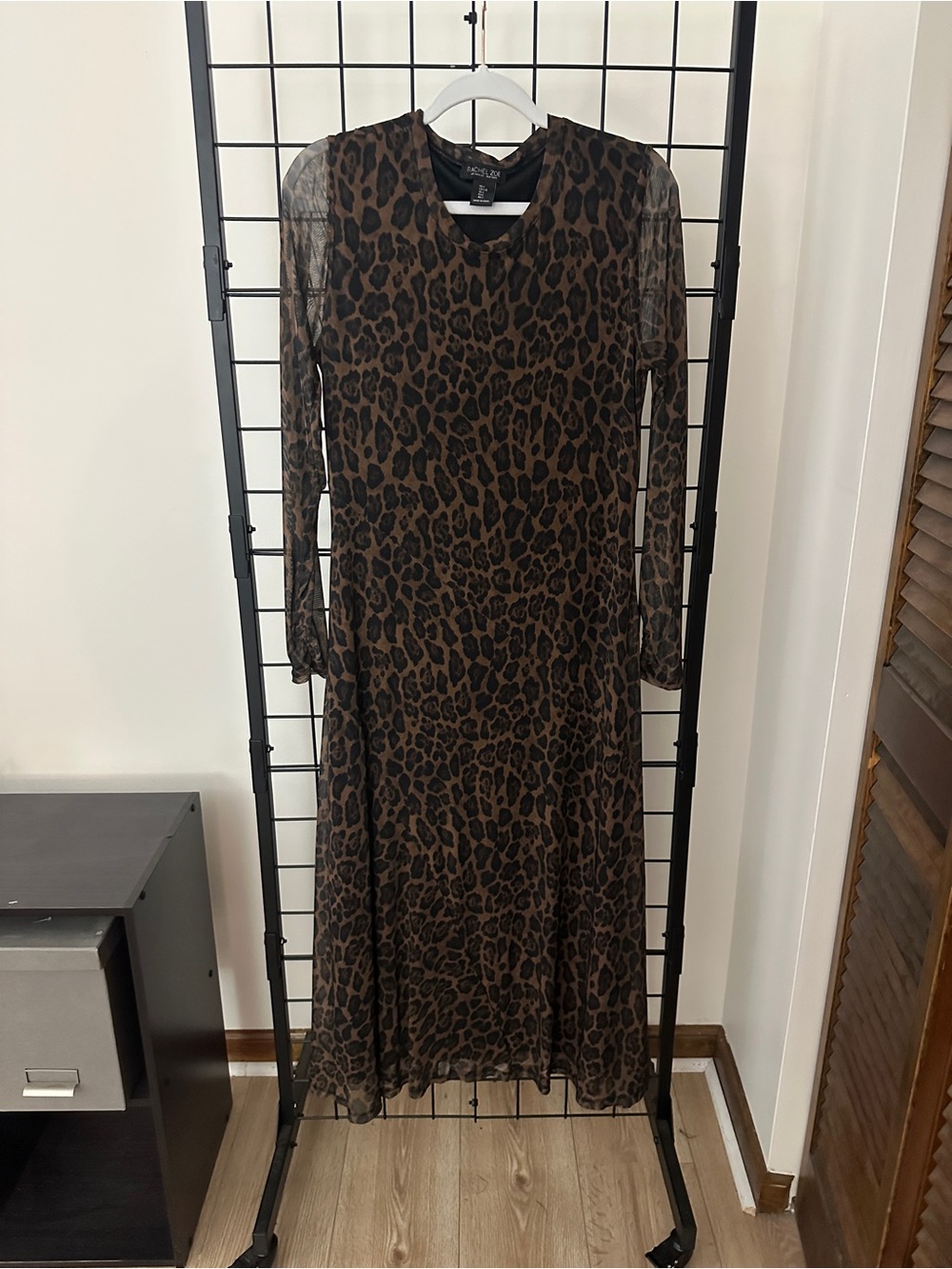 Rachel Zoe Leopard Print Mesh Maxi Dress Size Large Long Sleeve Stretch